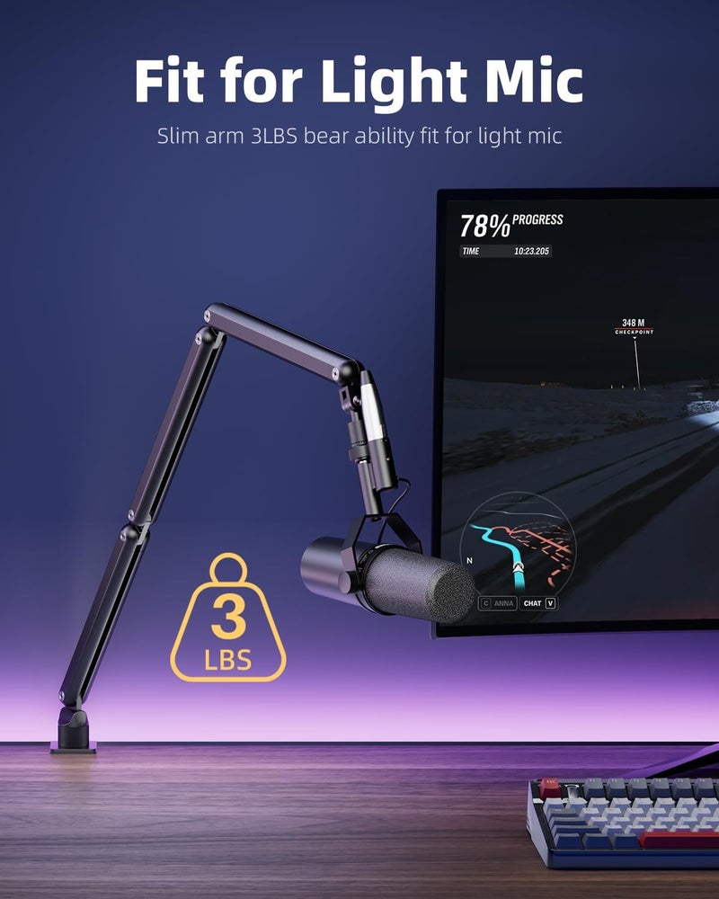 TODI Mic Arm for Lightweight Mics, Microphone Arm Rotatable, Storable Desk Mic Stand for Bear 3LB with Mount Clamp, Mic Stand Boom Arm with Cable Channel with 3/8'' 5/8'' Thread for Podcast, Gaming - Image 2